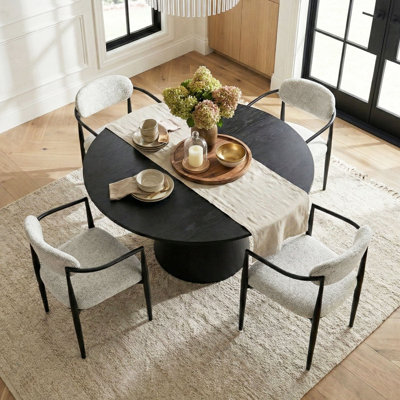 46" Round Black Pedestal Dining Table With 4 Upholstered Armchairs In Beige