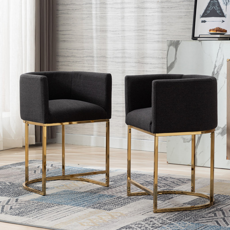 Tabourets de bar Shalon, Lin gris anthracite / cadre doré, Tabouret de bar (siège d'une hauteur de 24 po)
