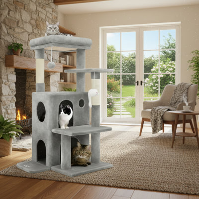 Tour pour arbre à chat d'intérieur gris clair de 50 pouces avec marches, poteau à griffes, 2 lits pour chat et jouets suspendus; Convient aux grands chats adultes.