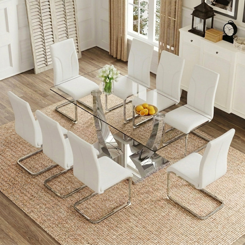 9-Piece Modern Rectangular Tempered Glass Dining Set, 9 Pieces: Table, 8 Chairs, White, 30" H x 71" W x 35" D