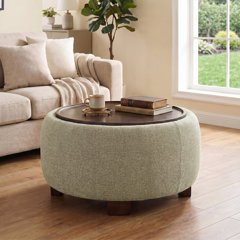 Table de cocktail ronde avec repose-pieds, siège en chenille, pieds en bois massif, Chenille kaki uni