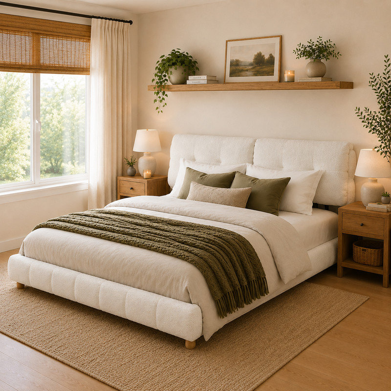 Lit plateforme tapissier avec pieds en bois Bouclé, King