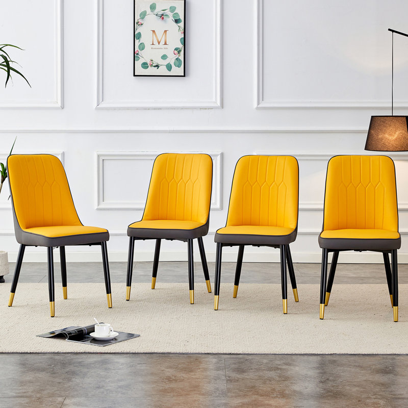 A Modern Dining Chair With Pu Leather Backrest And Metal Legs, Suitable For Kitchens, Bedrooms, And Offices, Yellow/Gray, 4