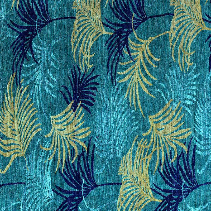 Tapis bleu / jaune en laine / polyester tissé à la machine Belser, Carré 6 pi