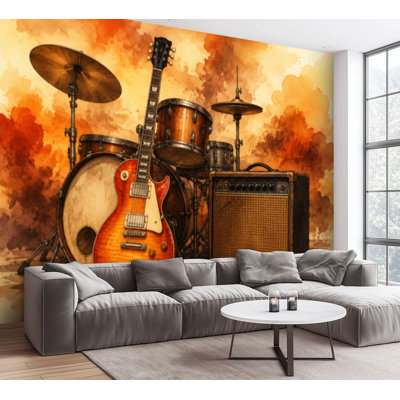 Wall Mural Peel and Stick Wallpaper Guitar Vintage Music Man Cave Electric Drum Set Amplifier Instruments Self-Adhesive Removable Contact Paper Wall Decor for Living Room Bedroom 100"H x 144"W