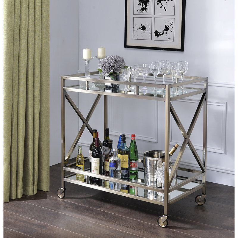Chariot de service en miroir et or antique avec cadre de rangement à compartiment ouvert