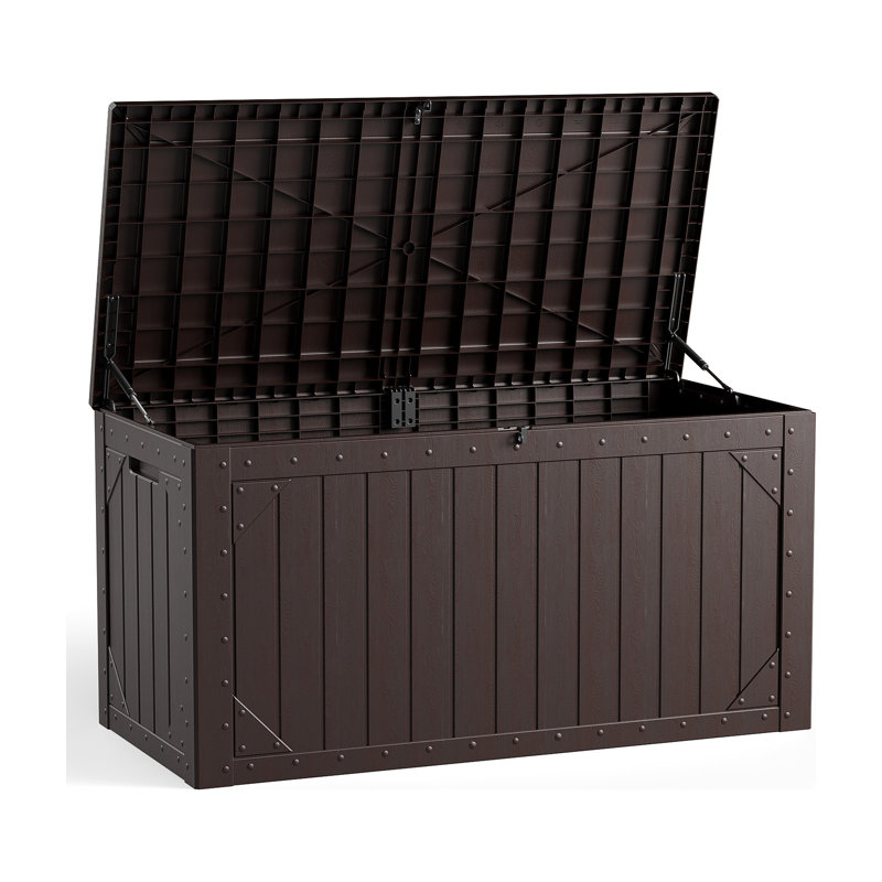 Coffre de terrasse extérieur en résine FLIXE 109 gallons avec couvercle verrouillable et vérins de levage, Brun