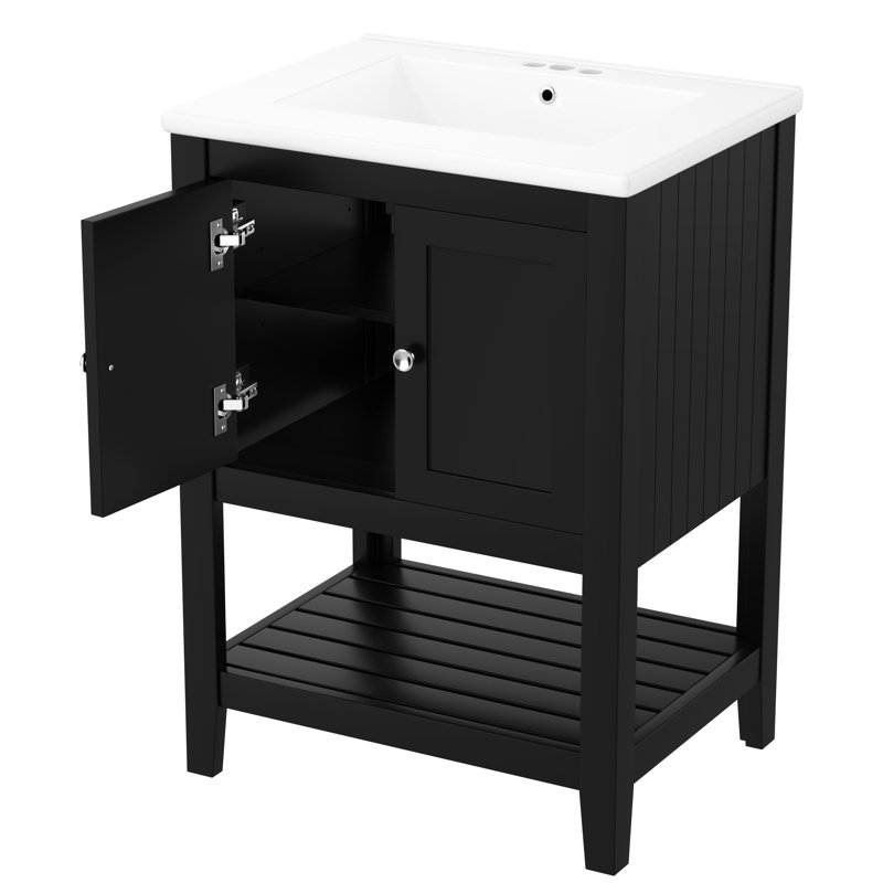 Meuble-lavabo noir 24 po avec construction en bois massif et lavabo en céramique