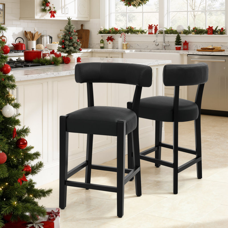 Tabouret de bar 26 po Mid-Century, Similicuir noir / cadre noir, 2