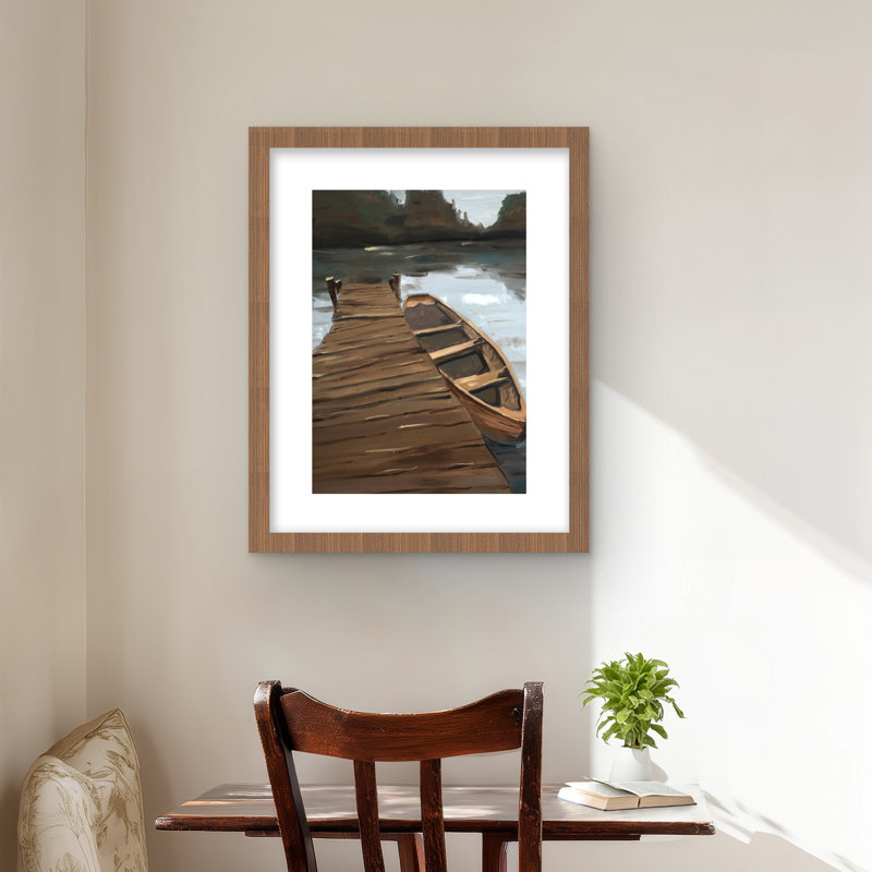 Lake Dock and Boat - Reproduction mate encadrée décorative, Brown