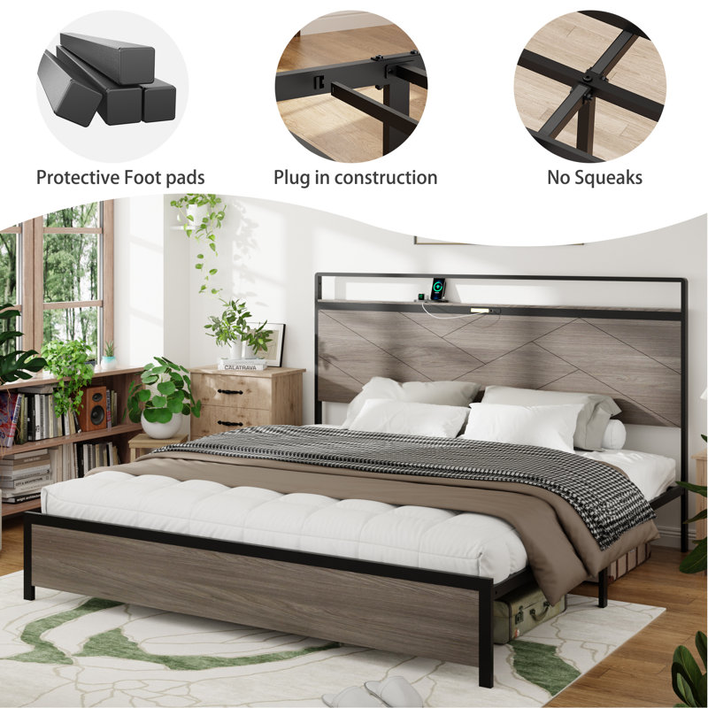 Bed Frame, Wooden Platform Bed Frame With Storage LED Light Headboard And 2 USB, No Noise, Large Underbed Storage, No Box Spring Needed, Easy Assembly