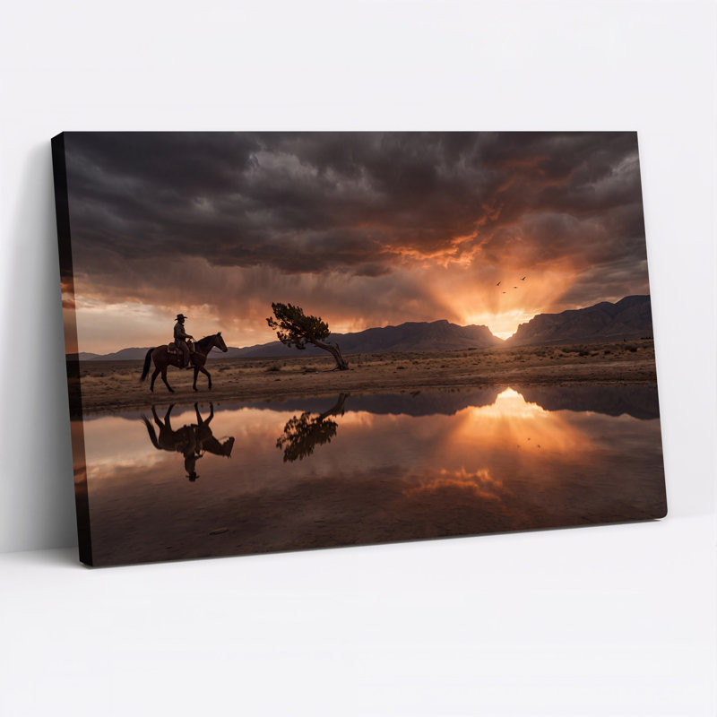 «Cowboy Riding Horse In Desert Landscape With Reflection», art mural sur toile, H 16 po x l 24 po