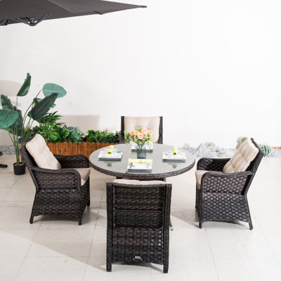 5-Piece Outdoor Patio Dining Set With Woven Rattan Chairs & Tempered Glass Table