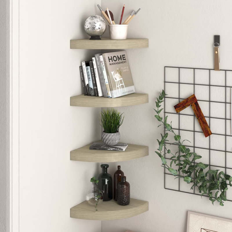 Wall Corner Shelf Floating Corner Shelf Wall Mounted Display Shelf, 1.5" H x 9.8" W x 9.8" D, Oak