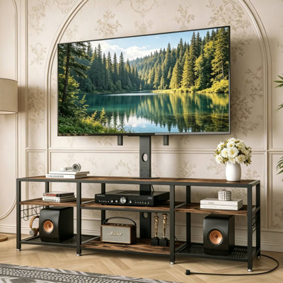 62" TV Stand with Mount and Power Outlets for 42-75 Inch TVs, Swivel Floor TV Stand with 3-Tier Storage Shelves, Height Adjustable Tall TV Stand with USB Ports