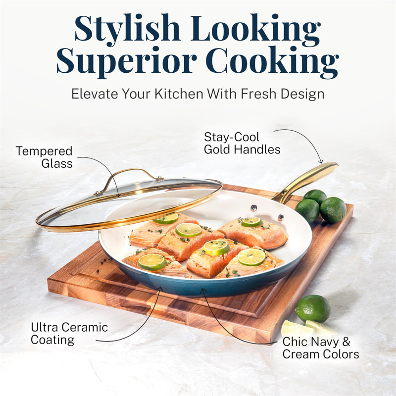 Navy and Gold 15-Piece Nonstick Stainless Steel Cookware Set