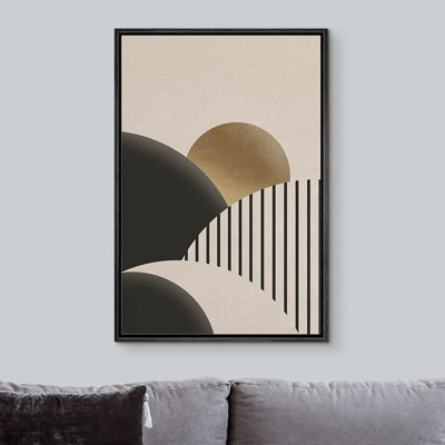 Reproduction d'art sur toile encadrée IDAE4WALL Mid Mid Century encadrée noir doré géométrique montagne rayée soleil nature abstrait illustrations art paysage rustique multicolore pour le salon, la chambre à coucher, le bureau