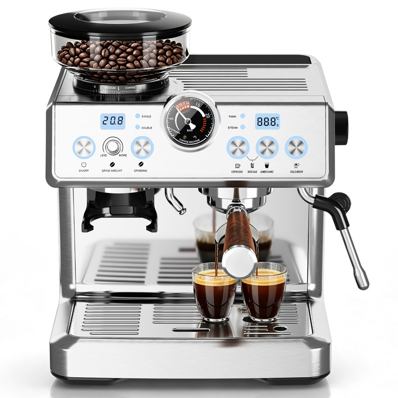 Machine à espresso à double chaudière avec moulin intégré, contrôle PID et buse à vapeur, acier inoxydable