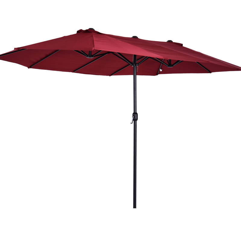 Très grand parasol de patio de 15 pi avec cadre double en acier robuste - Rouge vin pour les espaces de vie extérieurs - Manivelle, - Construction, cour arrière, terrasse, piscine,