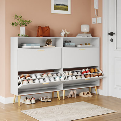 24-Pair Shoe Storage Cabinet with Bookshelf - Removable Dividers & Wooden Gold Legs