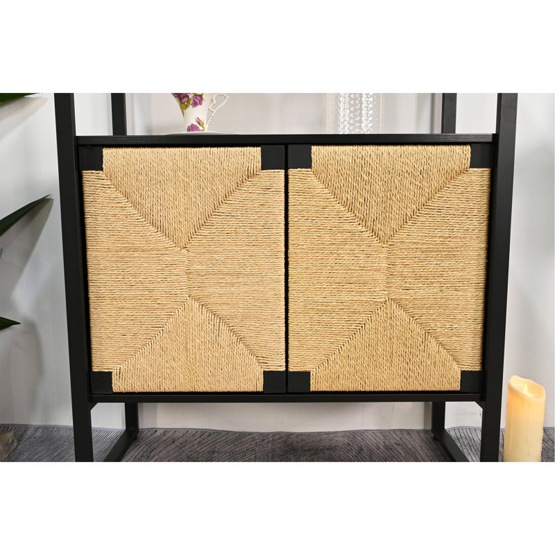 Étagère de rangement à porte d'armoire en rotin naturel, étagère ouverte à double fonction avec armoire fermée pour le salon, le vestibule et la chambre à coucher