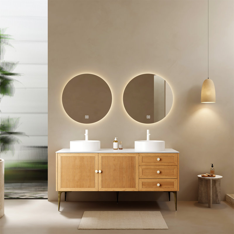 Meuble-lavabo de salle de bain 60 po avec 2 lavabos en céramique avec tiroir, porte et armoire de rangement MUNIN