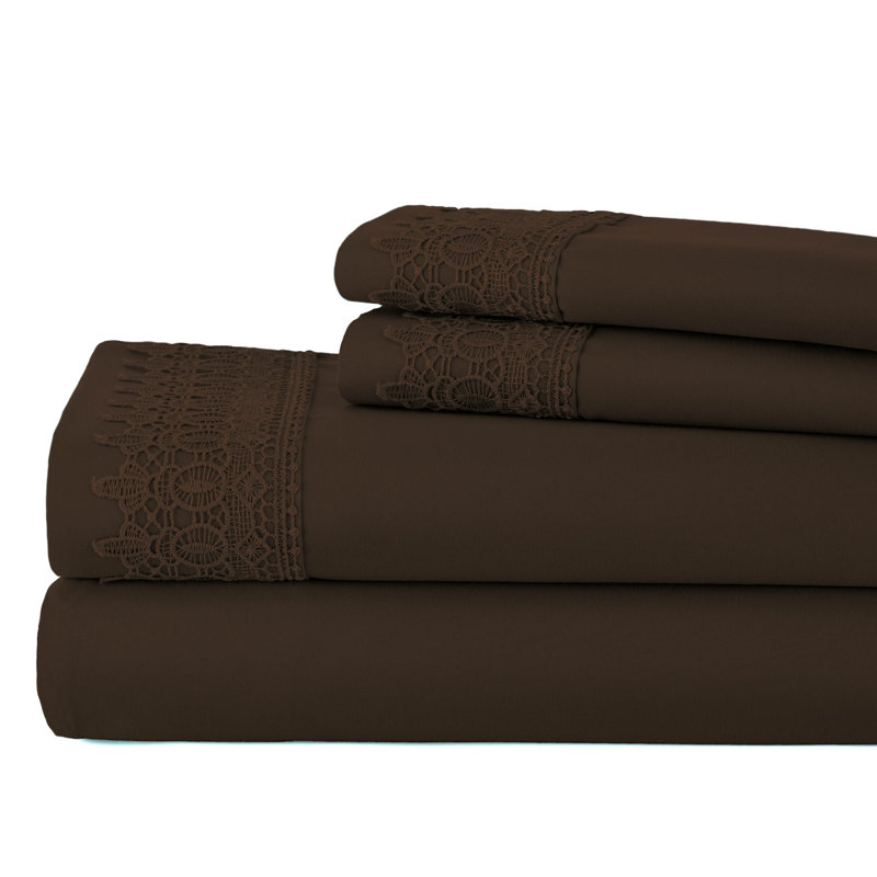 Jaquil Extra Deep Pocket Microfiber Sheet Set with Lace Hem, Full, Chocolate Brown