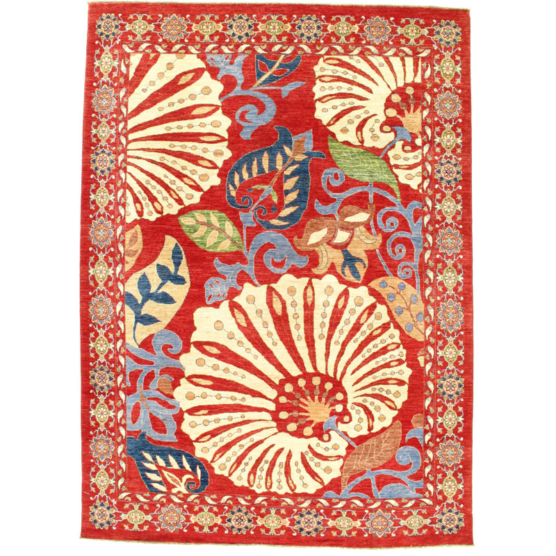 Suzani Wool Floral Area Rug in Red/Ivory/Navy Blue, Rectangle 8'1" x 11'3"