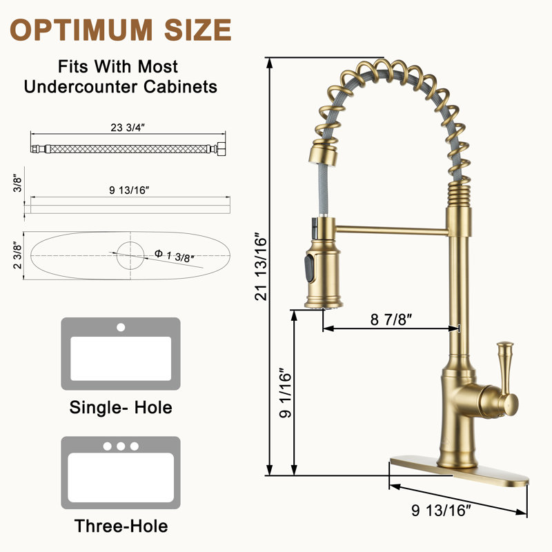 Robinet de cuisine rétractable à une poignée et à simple trou 1,8 gallon / minute Casainc, Or brossé