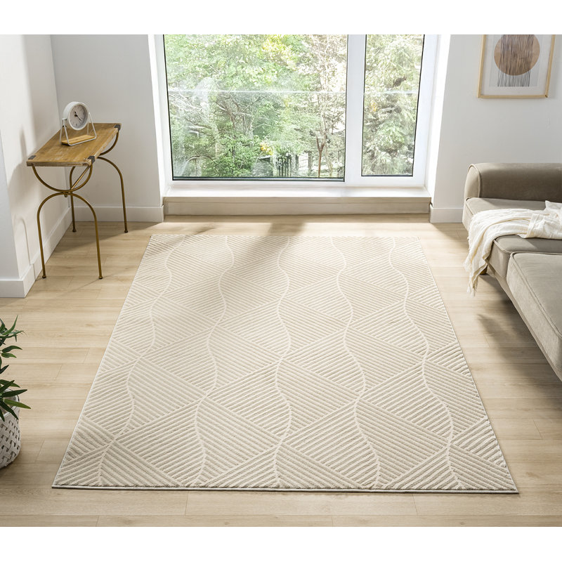 Bezore Modern Indoor Living Room Area Rug Embossed Cut-Shrink Pile with Metallic Sheen Jute Backing Living Room - Bedroom Hallway Carpet Pyramid Cream