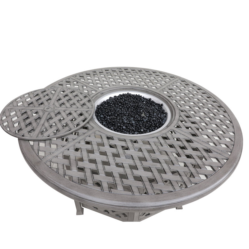 Table au propane 55000 - Aluminium, gris, conception ronde spacieuse, foyer au gaz en aluminium, fonctionnel pour les rassemblements de patio