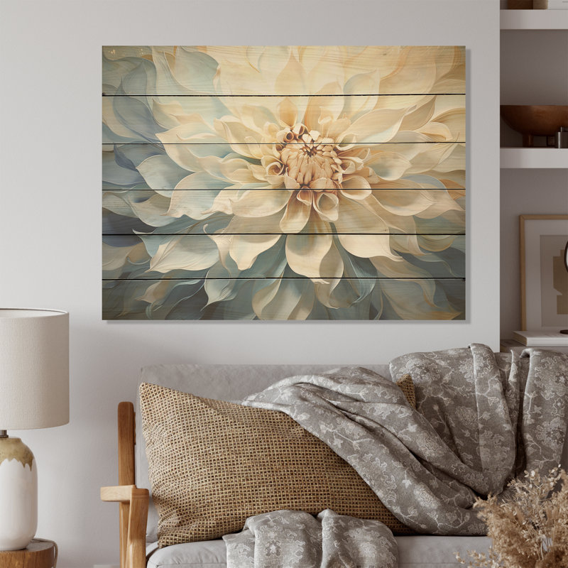 White And Blue Dahlia Flower Minimalism - Dahlia Wood Wall Art On Natural Pine Wood, 24" H x 32" W
