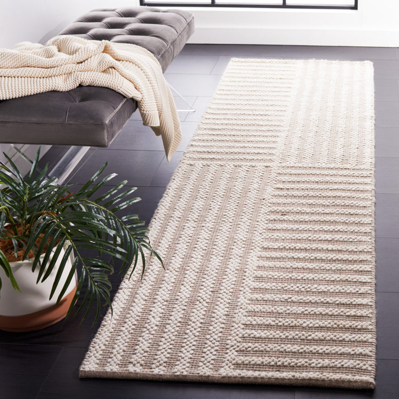 Darvone Hand Woven Wool/Cotton Striped Rug in Ivory/Taupe, Runner 2'3" x 8'