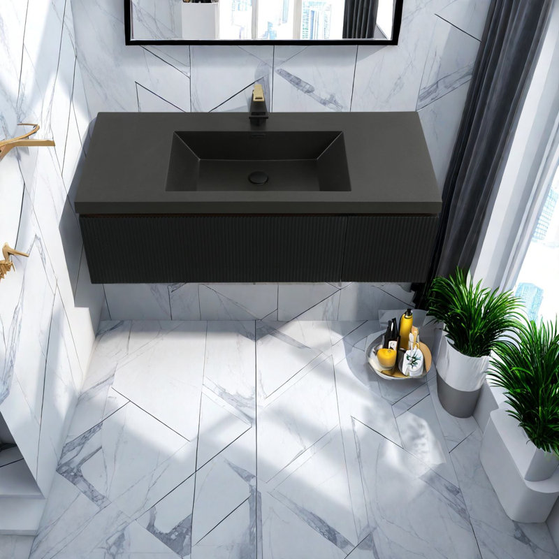 Meuble-lavabo flottant moderne en noyer avec lavabo à quartz noir