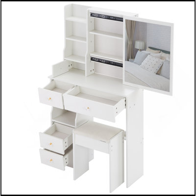 Petit meuble-lavabo de 29,2 po avec tabouret de bureau et tabouret rembourré, très grand miroir coulissant à droite, rangement multicouche à grande capacité, commode pratique et pratique, convient aux petits espaces