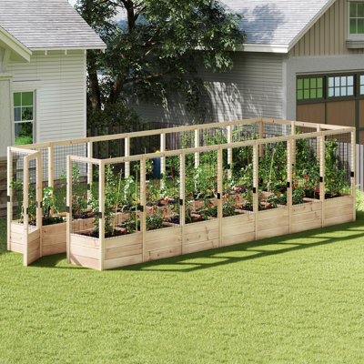 7.5x20x6 Ft U-shape Raised Garden Bed,15 Grids Wooden Planter With Proof Fence