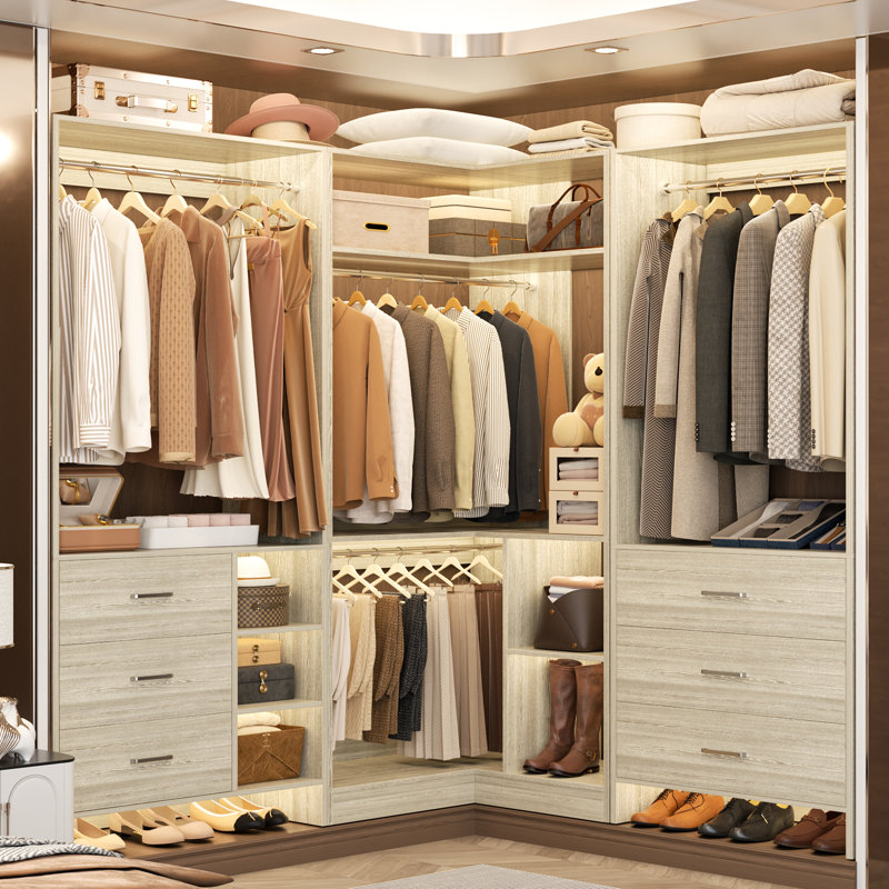 Système d'organisation l 61 à 92,6 po avec tiroirs en bois et tringles de suspension, L 92,6 po x l 31,5 po x H 80 po, Blanc