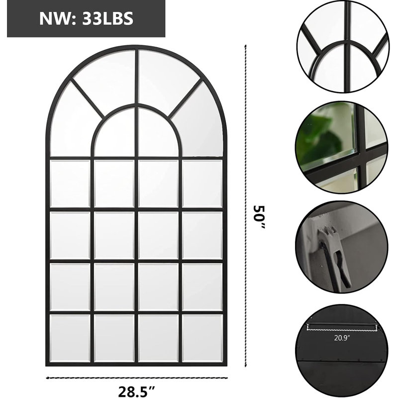 Miroir pleine longueur 28,5 po x 50 po à carreaux arqués noirs - Cadre en métal noir mat avec 16 panneaux biseautés pour chambre, entrée et salon
