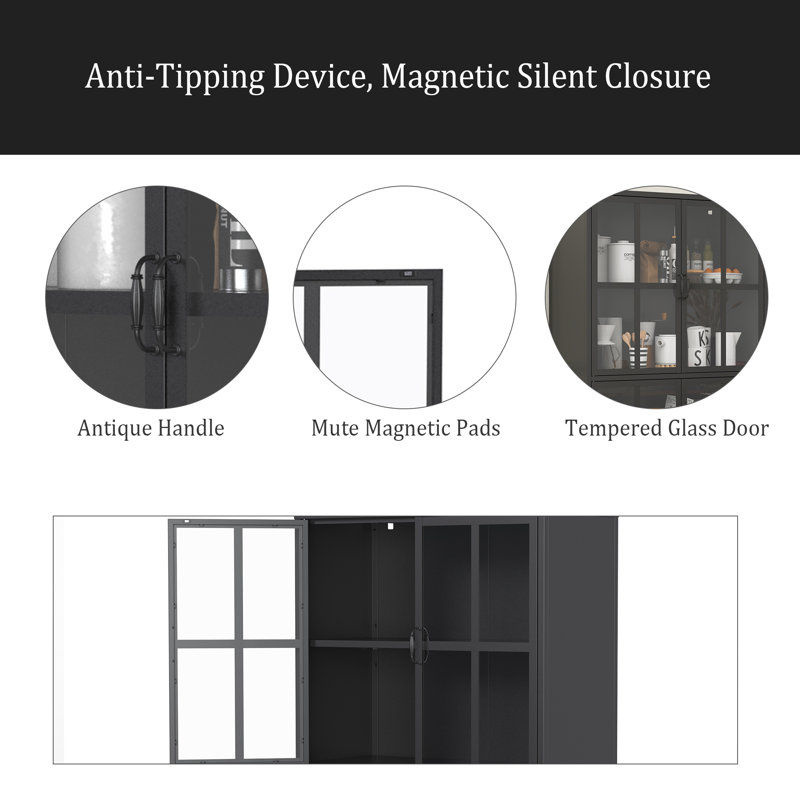 Premium Black Metal Storage Cabinet With Tempered Glass Doors, Adjustable Shelves, Anti-Tipping Device, Magnetic Silent Closure, And Adjustable Feet For Home And Office Use