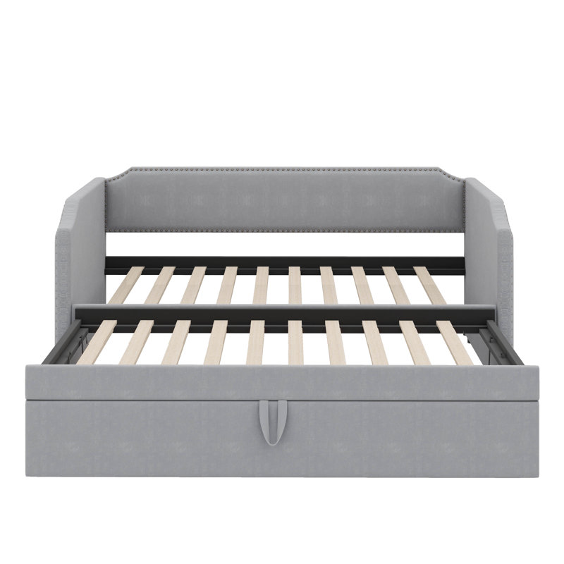 Daybed With Pop Up Trundle, Twin Size Upholstered In Velvet, Gray