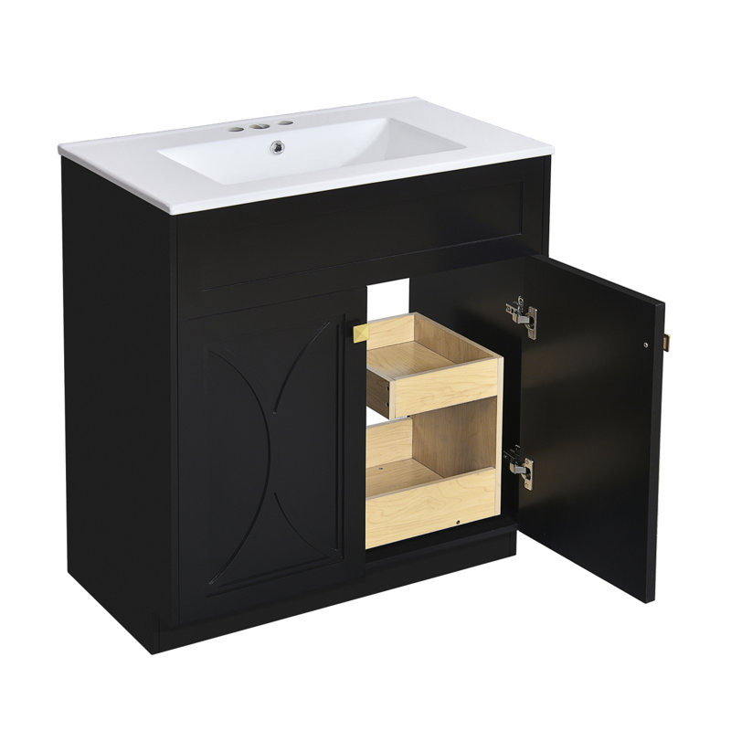 Bathroom Vanity With Ceramic Sink Combo/ Modern Freestanding Storage Cabinet  With  Handles/ Doors, Black