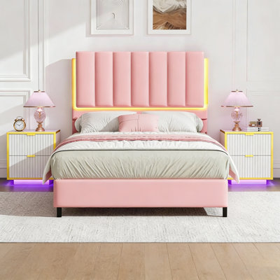 Faux Leather Upholstered Platform Bed with LED Lights and Modern Nightstand Set with Fluted Drawers