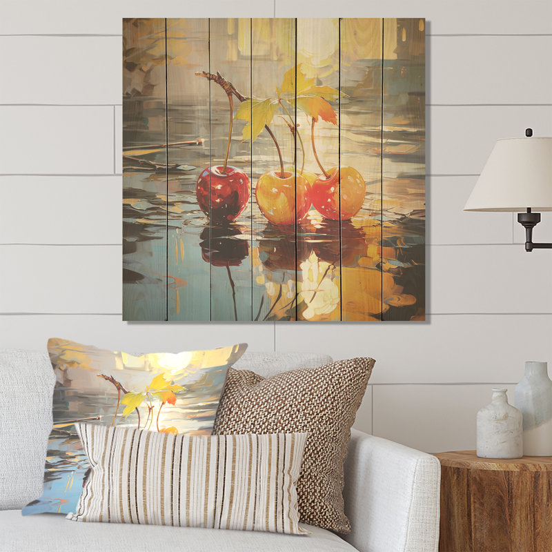 Verre rouge cerise automnale - Cerisier sur bois, H 36 po x l 36 po