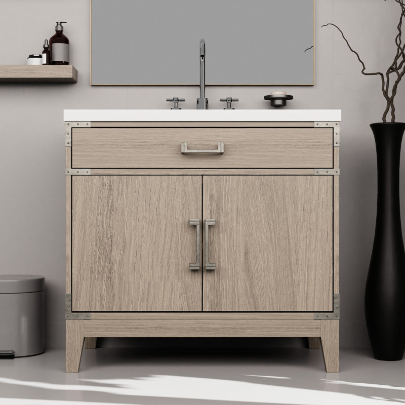 Meuble-lavabo simple en chêne gris l 36 po x P 22 po, comptoir en marbre de culture, miroir de 34 po et robinet de salle de bain