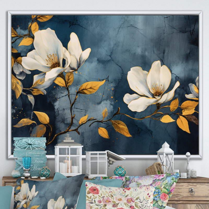 Jaune, gris, magnolia, nature, élégance II, Cadre flottant blanc, H 16 po x l 32 po x P 1 po