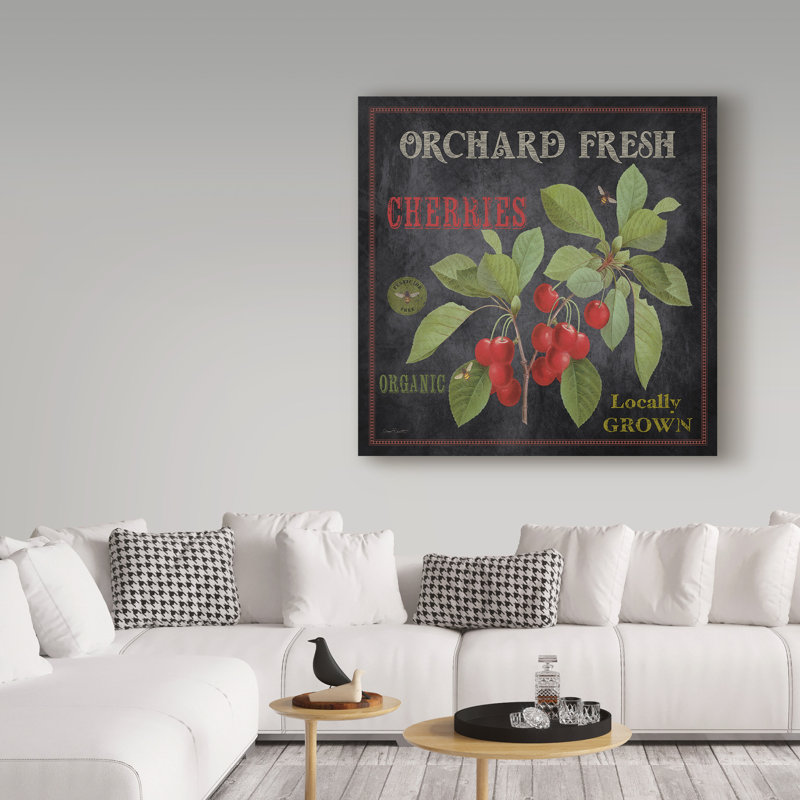 Publicité rétro sur toile tendue «Orchard Fresh Cherries» par Deagen, H 14 po x l 14 po x P 2 po