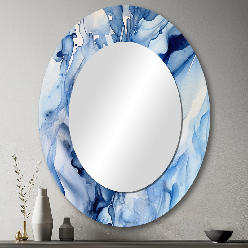 «Abstract Classic Blue Waves V» - Grand miroir mural fractal, miroir décoratif bleu, impression d'art en métal, 43" x 33"