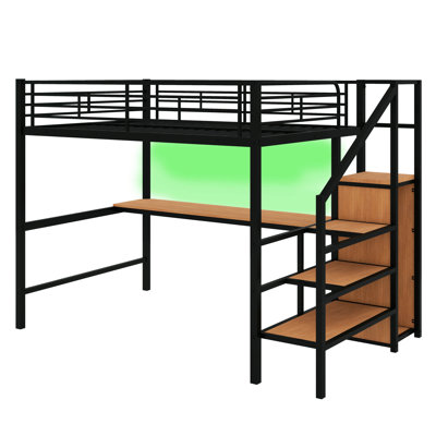 Lit mezzanine spacieux en métal avec rangement pour bureau et escalier avec éclairage DEL