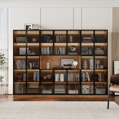 Diaplay Case With Glass Doors And Led Lights, Combination Storage Cabinet With 19 Shelves, Modern Glass Display Cabinei Set Of 3 by Ivy Bronx