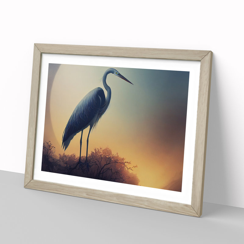 Blooming Heron Bird - Framed Print, 34cm H x 46cm W x 2cm D, Oak